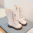 thumbnail image 6 of BLTIBY Girls Long Boots Side Zipper Cute Bowknot Combat Shiny Riding Boots Lace-Up Chunky Low Heel Winter Waterproof Boots Dress Kids Shoes White 6.5-7 Years, 6 of 7