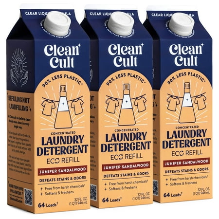 Cleancult Liquid Laundry Detergent Refill, Juniper Sandalwood Scent, 96 Loads, HE Compatible, 32 oz, 3 Pack, Eco Friendly & Cruelty Free