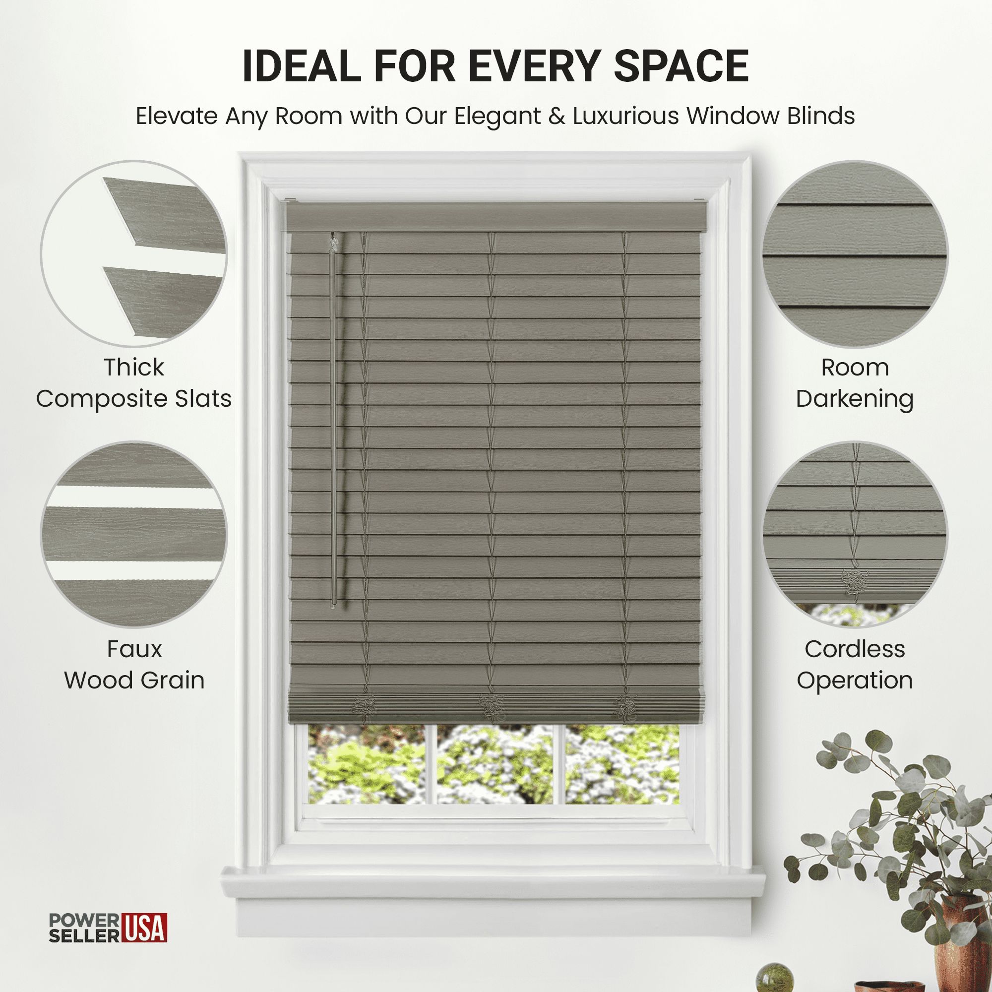 PowerSellerUSA Cordless Window Blinds, Privacy & Room Darkening 2" Slats Faux Wood Mini Blind, Anti-UV Window Treatment, Gray Plantation Blind, 31" Width x 64" Length, (Fits windows 23" - 74")