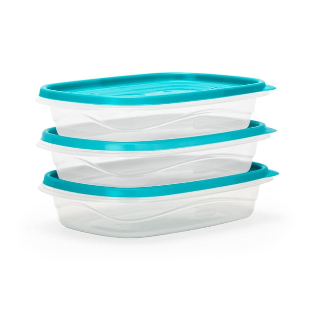 Rubbermaid TakeAlongs 4 Cup Food Storage Containers, limited edition turquoise blue, 3-pack of clear rectangular plastic meal prep containers with Quik Clik Seal lids that click when securely closed, stackable ridged lids for easy storage, BPA-free, microwave-safe bases, and built-in measurement marks, ideal for meal prep and organized food storage.