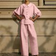 thumbnail image 4 of UDAUDU Women's Summer Linen Set Button Down Puff Sleeve Shirt And Drawstring Pants Two Piece Outfit Pink S, 4 of 5