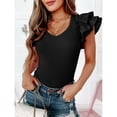 thumbnail image 2 of Body con cuello en V y manga con volantes para mujer, camiseta básica ajustada a presión con parte inferior elástica, mono negro M, 2 of 7