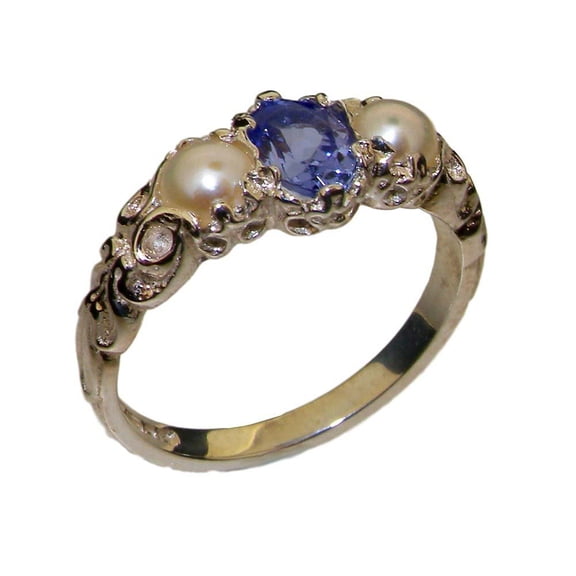 LBG British Made 925 Sterling Silver Natural Tanzanite & Cultured Pearl Womens Trilogy Ring - 33 size options - Sizes 4 to 12 Available