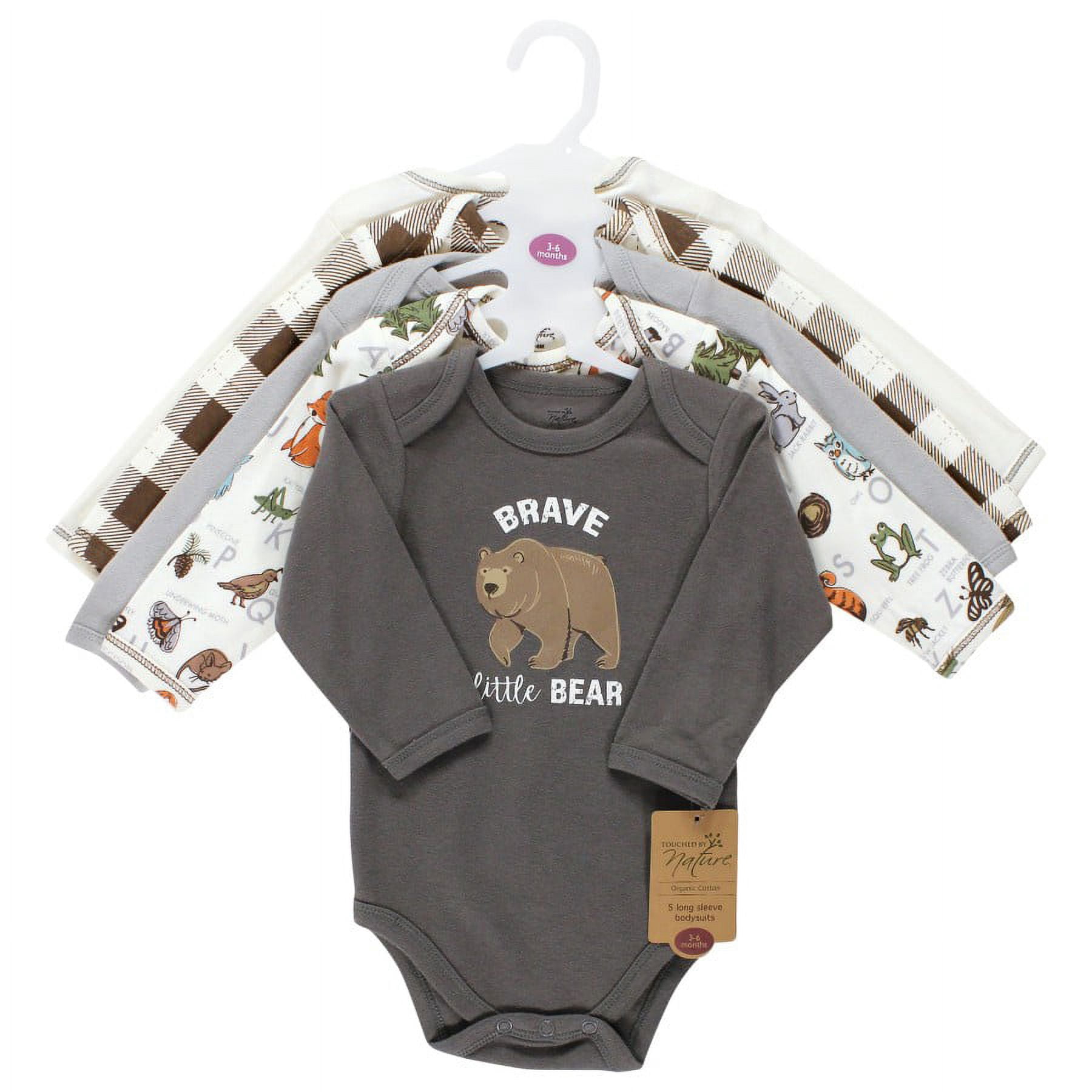 Touched by Nature Organic Cotton Long-Sleeve Bodysuits, Boy Woodland Alphabet 5-Pack, 0-3 Months