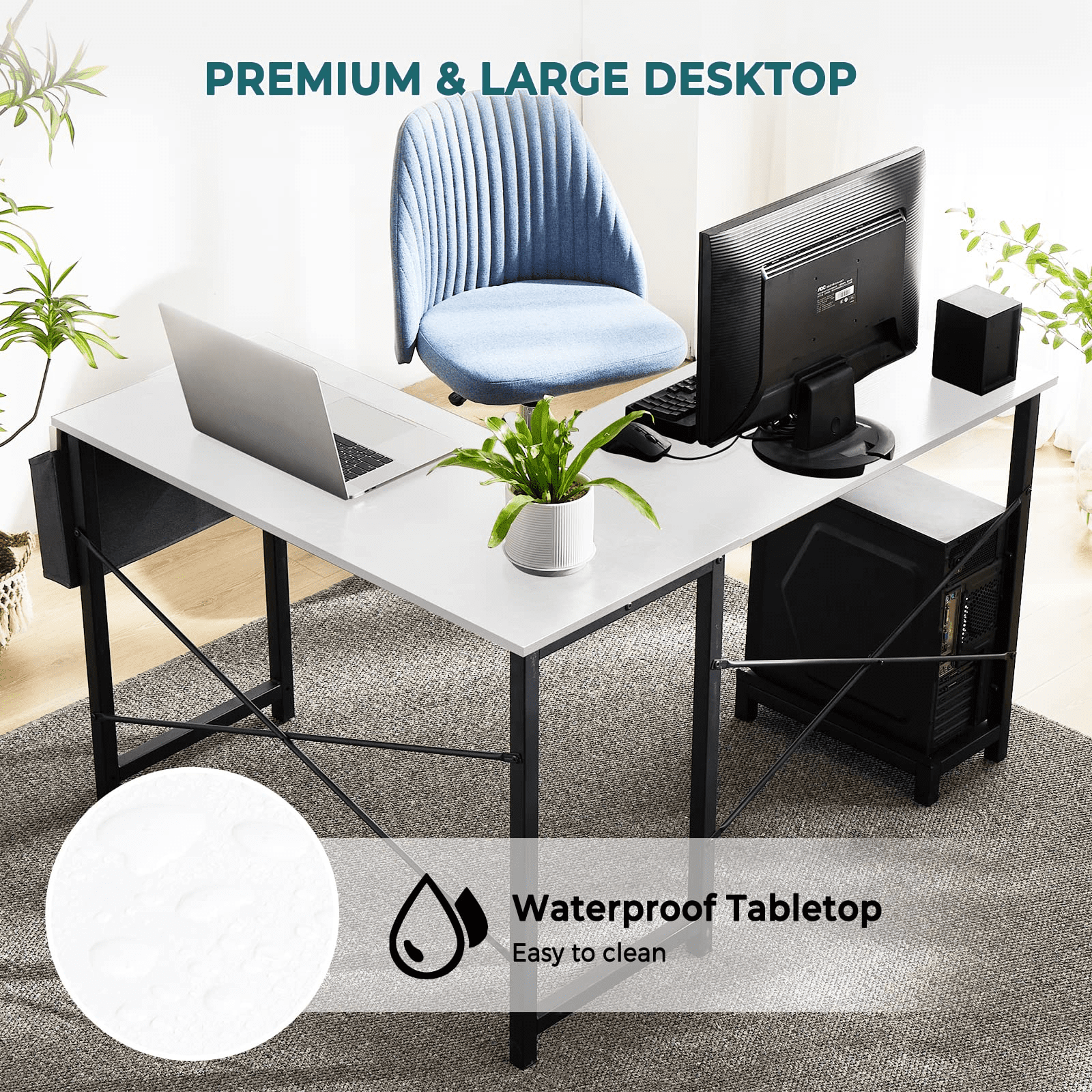 L Shaped desk, Gaming Study Writing Tables with Side Storage Bag and CPU Stand Shelf, 49 Inch, White Wood
