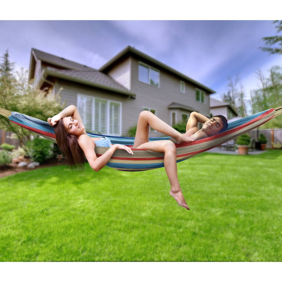Sorbus Brazilian Double Hammock, Extra-Long Two Person Portable Hammock Bed for Indoor or Outdoor Spaces, (Blue/Sand/Purple/Red Stripes)