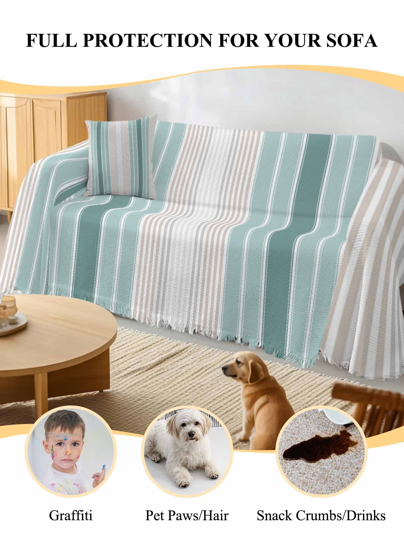 Teal Aqua Stripes Couch Cover, Minimalist Abstract Vertical Lines Oversized Sofa Cover Blanket for 3 Cushion Couch,Sectional Sofa Slipcover Furniture Protector for Living Room Bedroom 71''x150''