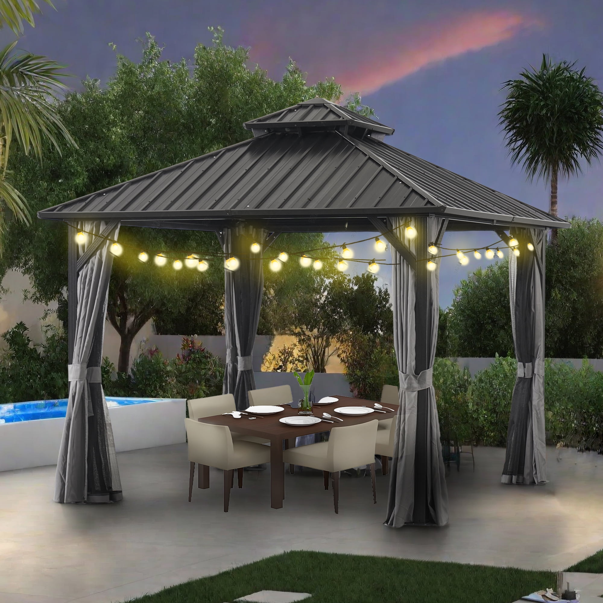 MEWANG 12'x 12'Outdoor Hardtop Gazebo, Metal Double Roof Canopy Gazebo with Curtains and Nettings for Patio,Party.