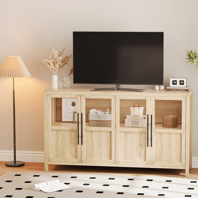 EDTara Modern Farmhouse Buffet Cabinet, Large Sideboard with Glass Doors, Multi-Purpose Storage Cabinet for Kitchen, Dining Room, or Living Room