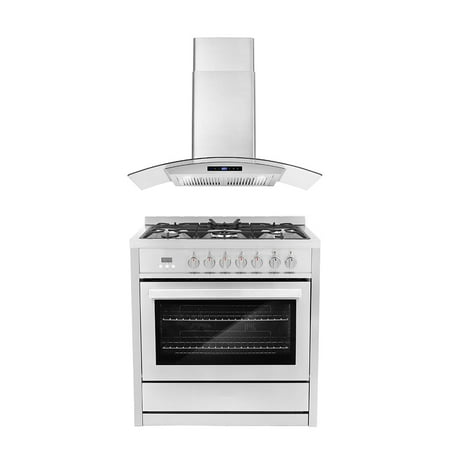 Cosmo 2 Piece Kitchen Appliance Package with 36  Freestanding 220/240V Dual Fuel Range Kitchen Stove & 36  Wall Mount Range Hood Kitchen Hood Kitchen Appliance Bundles