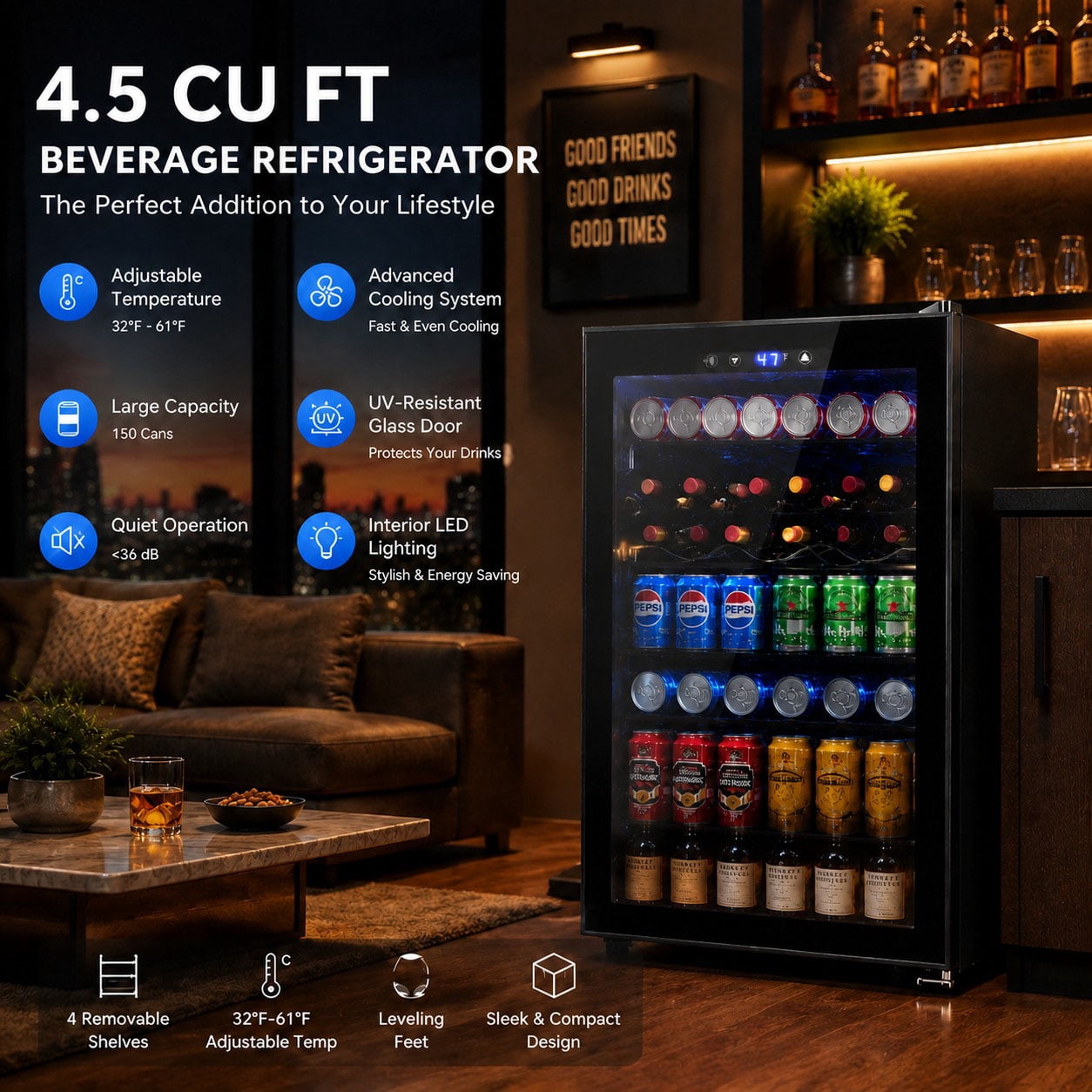 Auseo 150 Can Beverage Refrigerator Cooler,Drink Fridge with Black Glass Door, Touch Lock & Adjustable Shelf Wine Cooler for Home/Office/Bar