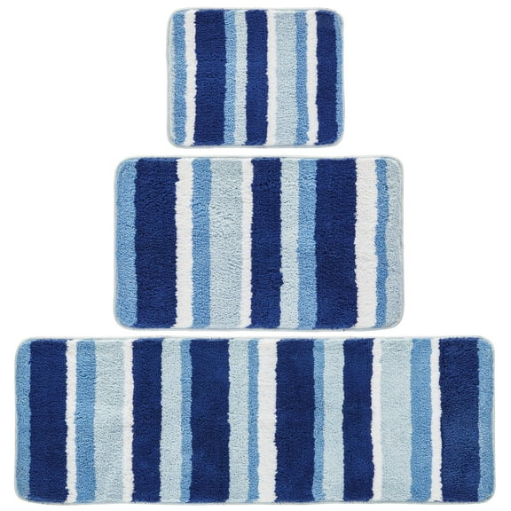 mDesign Striped Microfiber Bathroom Spa Mat Rugs/Runner, Set of 3 - Blue