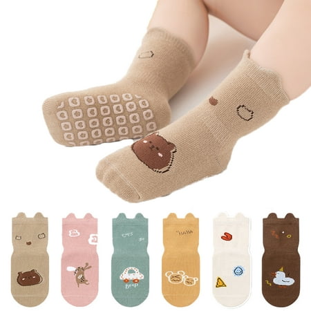 

6 Pairs Baby Non Slip Socks Cute Cartoon Toddler Non-Skid Ankle Socks with Grips Anti-Slip Crew Cotton Socks for Infants Toddlers Girls Boys