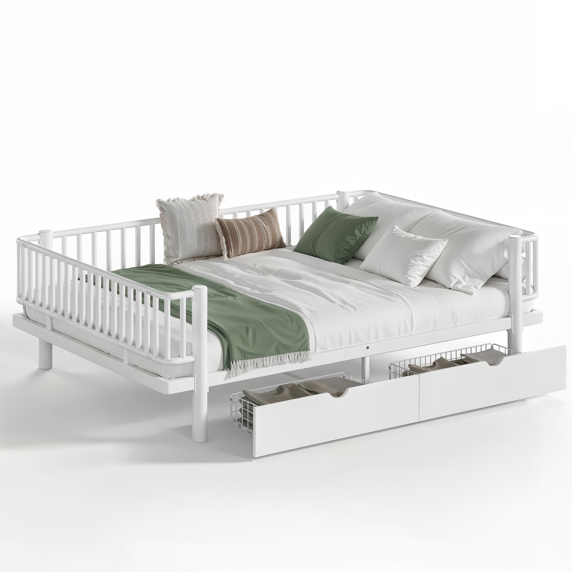 Noble House Queen Size Platform Bed with Storage Drawers, Daybed Frame with Round-Pipe Design, White