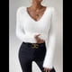 thumbnail image 5 of Suéter Corto de Larga con Cuello en V para Mujer, Informal, Liso, Ajustado, Cálido, de Punto L, 5 of 9