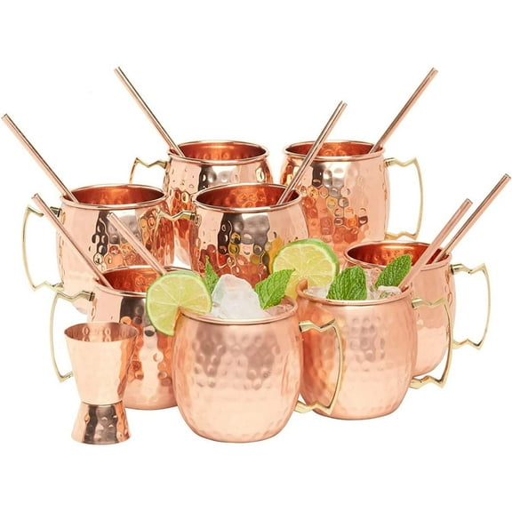 Moscow Mule Copper Mugs Set of 12 (16oz) w/ 12 Straws & 2 Jiggers | 100% Pure Copper Cups, Tarnish-Resistant Food Grade Lacquered Finish, Ergonomic Handle (No ) (4 - Set of 12)
