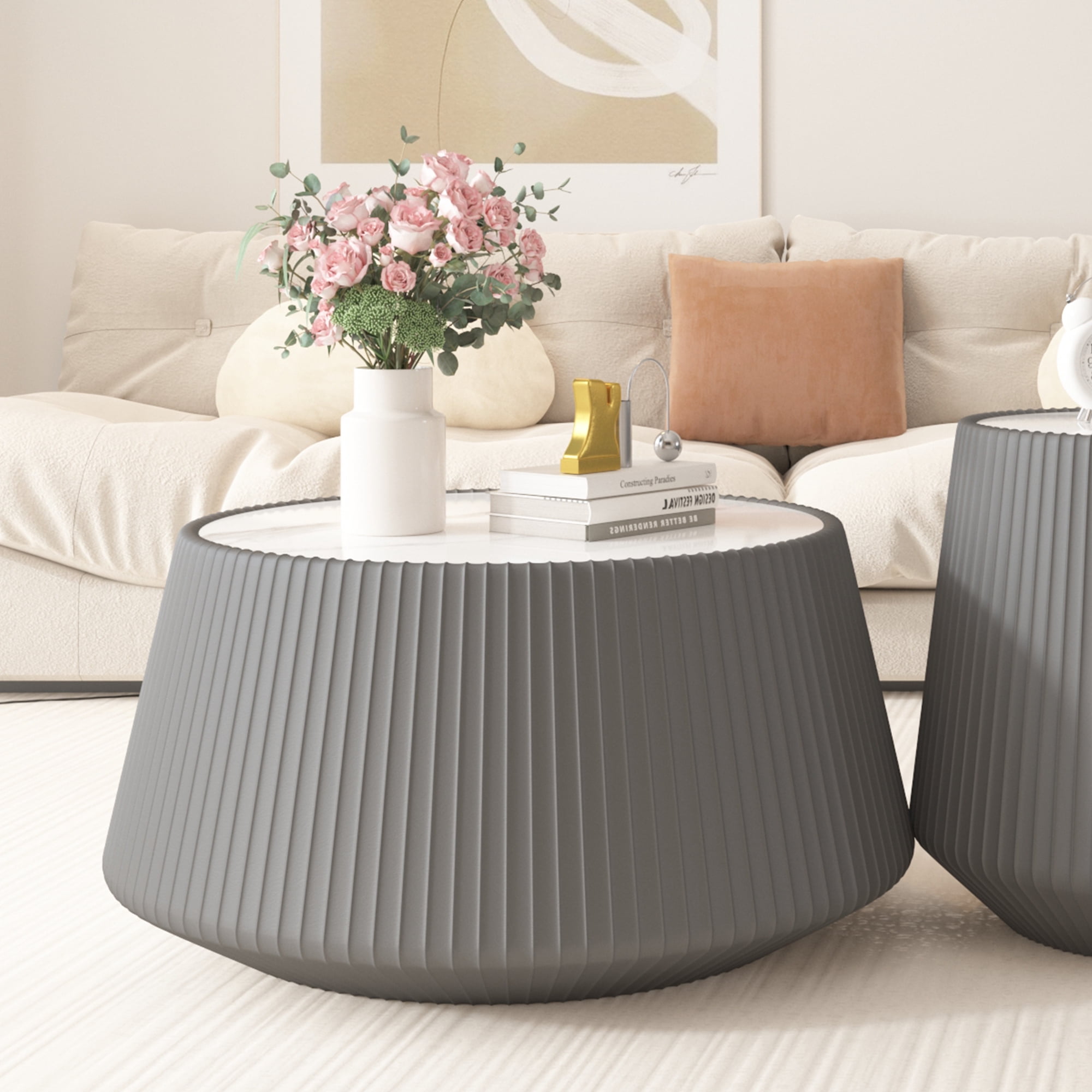 Leumius Light Sintered Stone Top Cup Shape Leather Coffee Modern Sofa Table for Apartment Living Room Furniture Grey 1