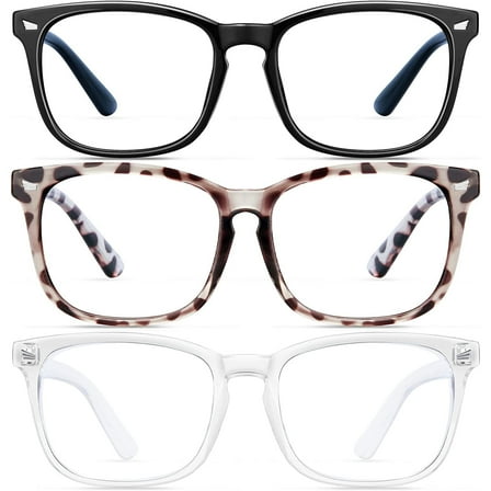 Blue Light Blocking Glasses - 3 Pack Fashion Square Fake Eyeglasses,Anti UV Ray Computer Gaming Glasses,Blue Blockers Glasses for Women/Men,Matte Black Leopard Transparent