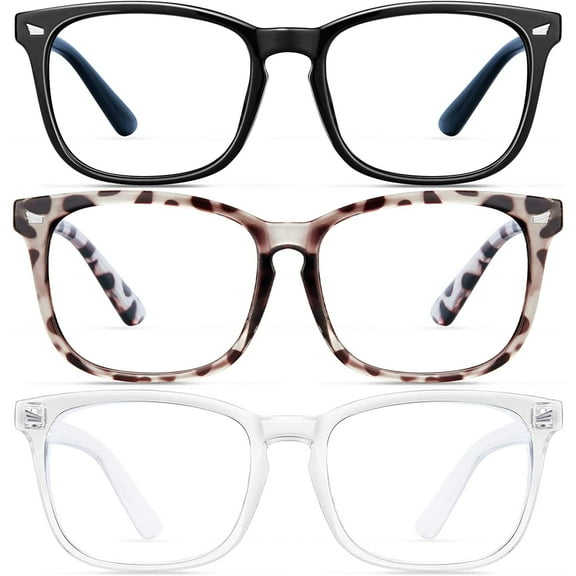 Blue Light Blocking Glasses - 3 Pack Fashion Square Fake Eyeglasses,Anti UV Ray Computer Gaming Glasses,Blue Blockers Glasses for Women/Men,Matte Black Leopard Transparent