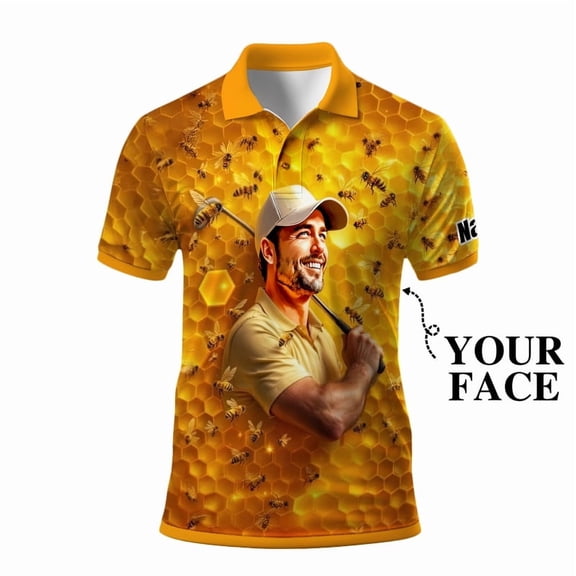 HOMYGIFTS Custom Bee Lovers Polo Shirt – Personalized Face Honeycomb Print Golf Polo for Men – Unique Beekeeping Gift