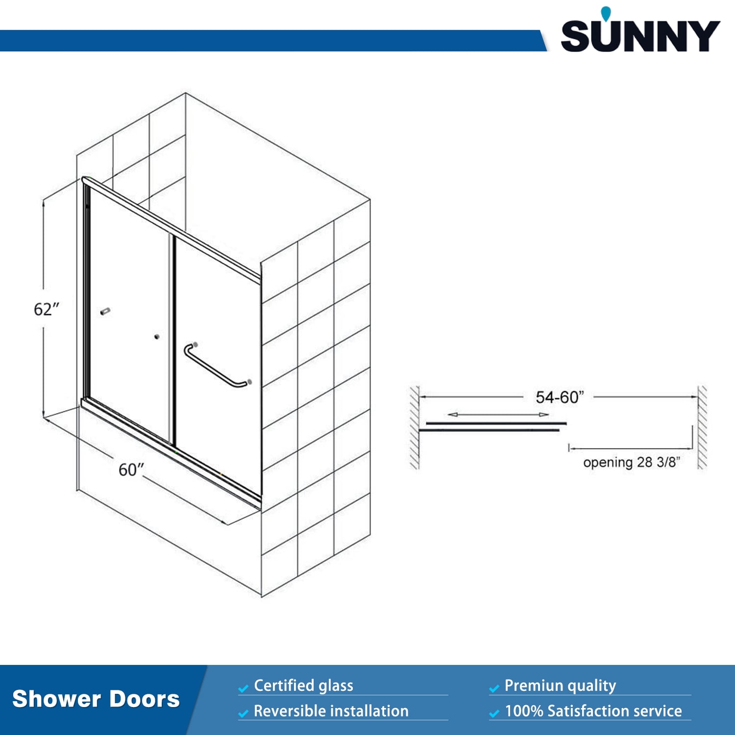 Sunny Shower Bypass Sliding Bathtub Shower Door Enclosure 1/4 in. Clear Tempered Glass Chrome Finish