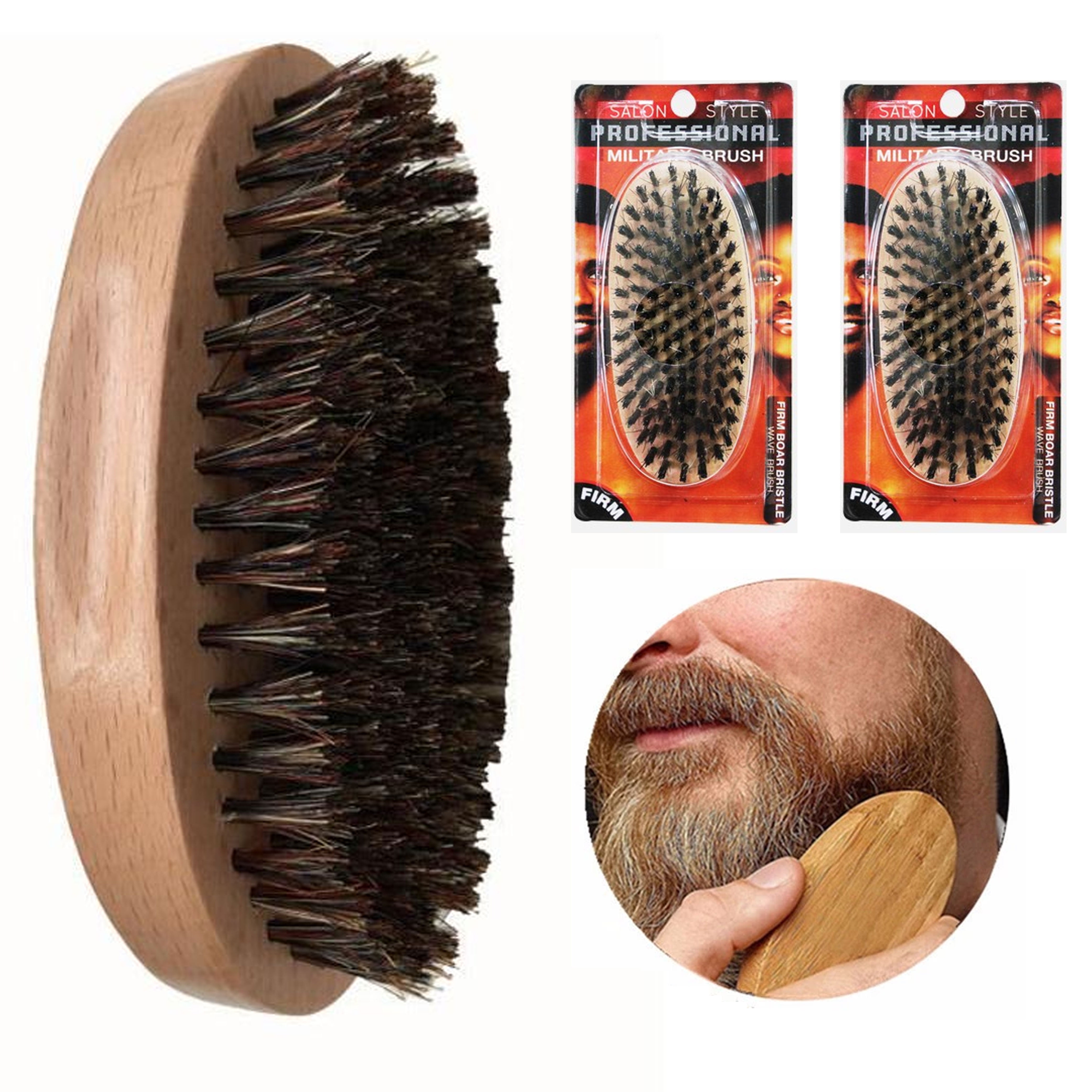 2 Pc Men Boar Hair Bristle Beard Mustache Brush Palm Soft Round Oval Wood Handle