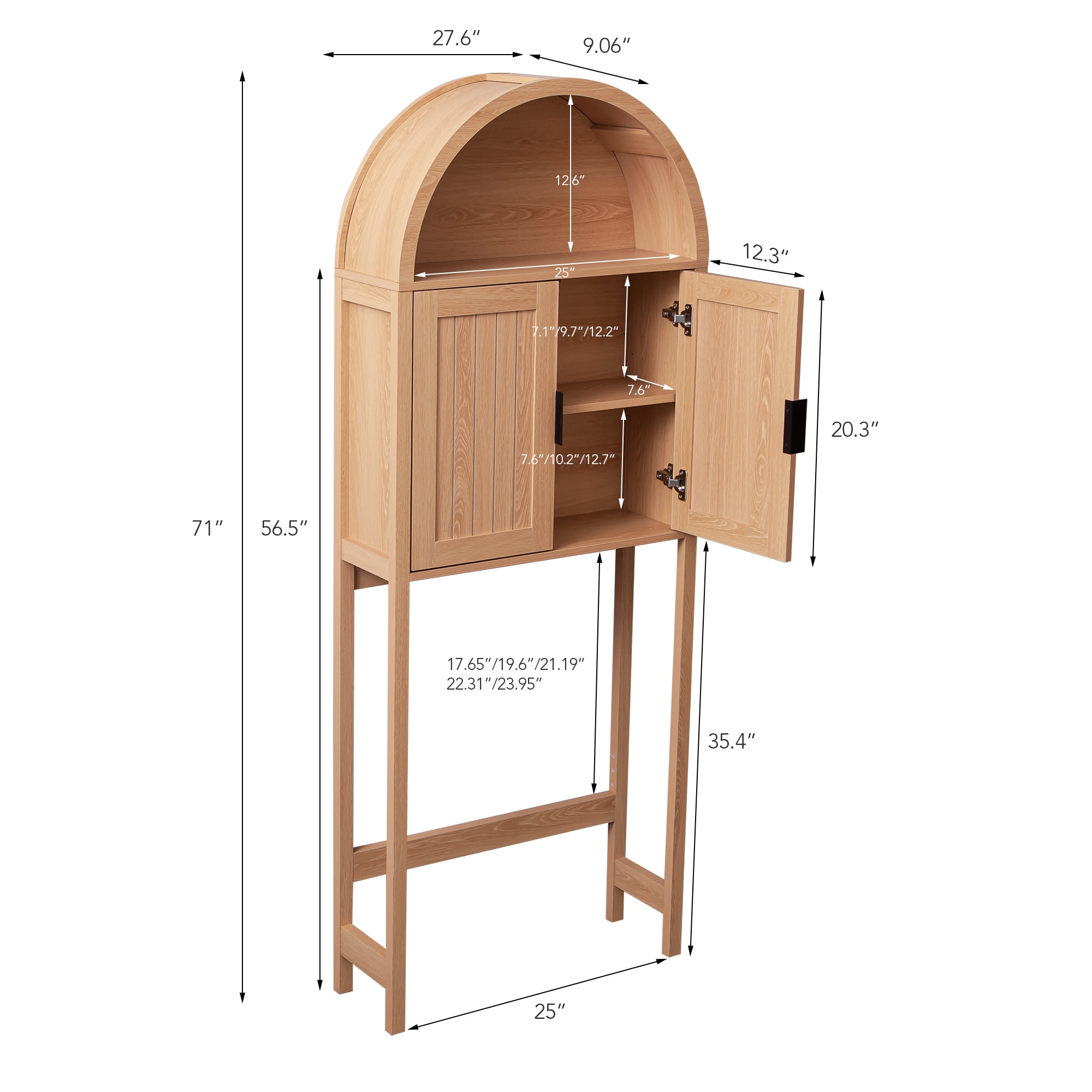 OONNEE 71" Arched Over the Toilet Storage Cabinet with 0.6" Thick MDF Frame, Freestanding Bathroom Organizer with 5-Position Adjustable Bar and Soft-Close Doors, Natural Wood