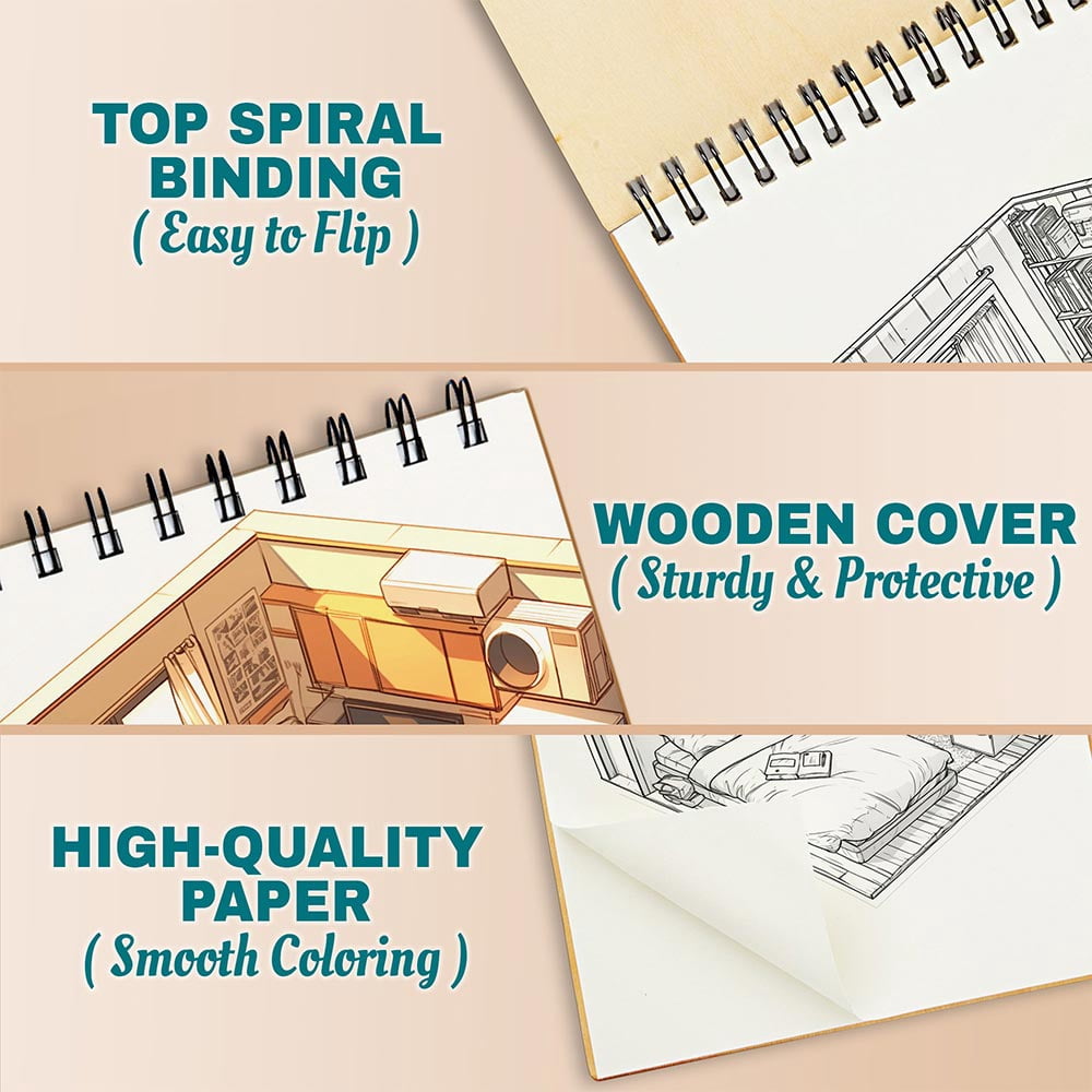 Netecom Pocket Room Coloring Book for Adults, A5 Wooden Cover, 30 Beautiful and Cozy Rooms Coloring Pages Of Mini World for Stress Relief and Relaxation, Spiral Bound Edition