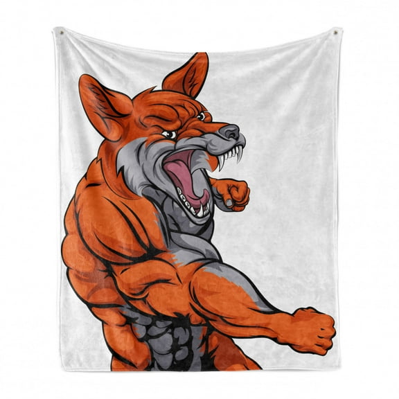 Fox Soft Flannel Fleece Throw Blanket, Muscular Fierce Fox Character Intense Sports Animal Mascot Punching Monster, Cozy Plush for Indoor and Outdoor Use, 60" x 80", Orange Grey White, by Ambesonne