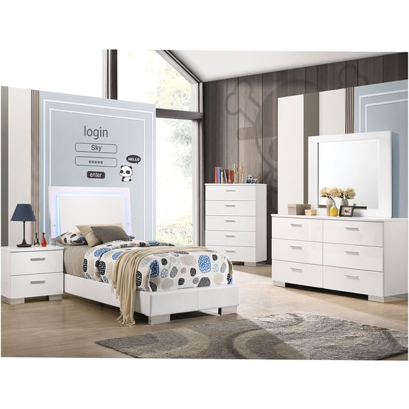 JERFIT 4-Piece Twin Bedroom Set with LED Headboard, High Gloss White Modern Wood Bed, Dresser, Mirror & Nightstand