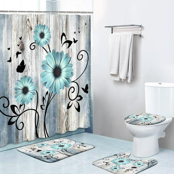 4 Piece Shower Curtain Sets, Blue Flower Daisy Vintage Worn Wood with Non-Slip Rugs, Toilet Lid Cover and Bath Mat, for Bathroom Decor Set, 72" x 72"