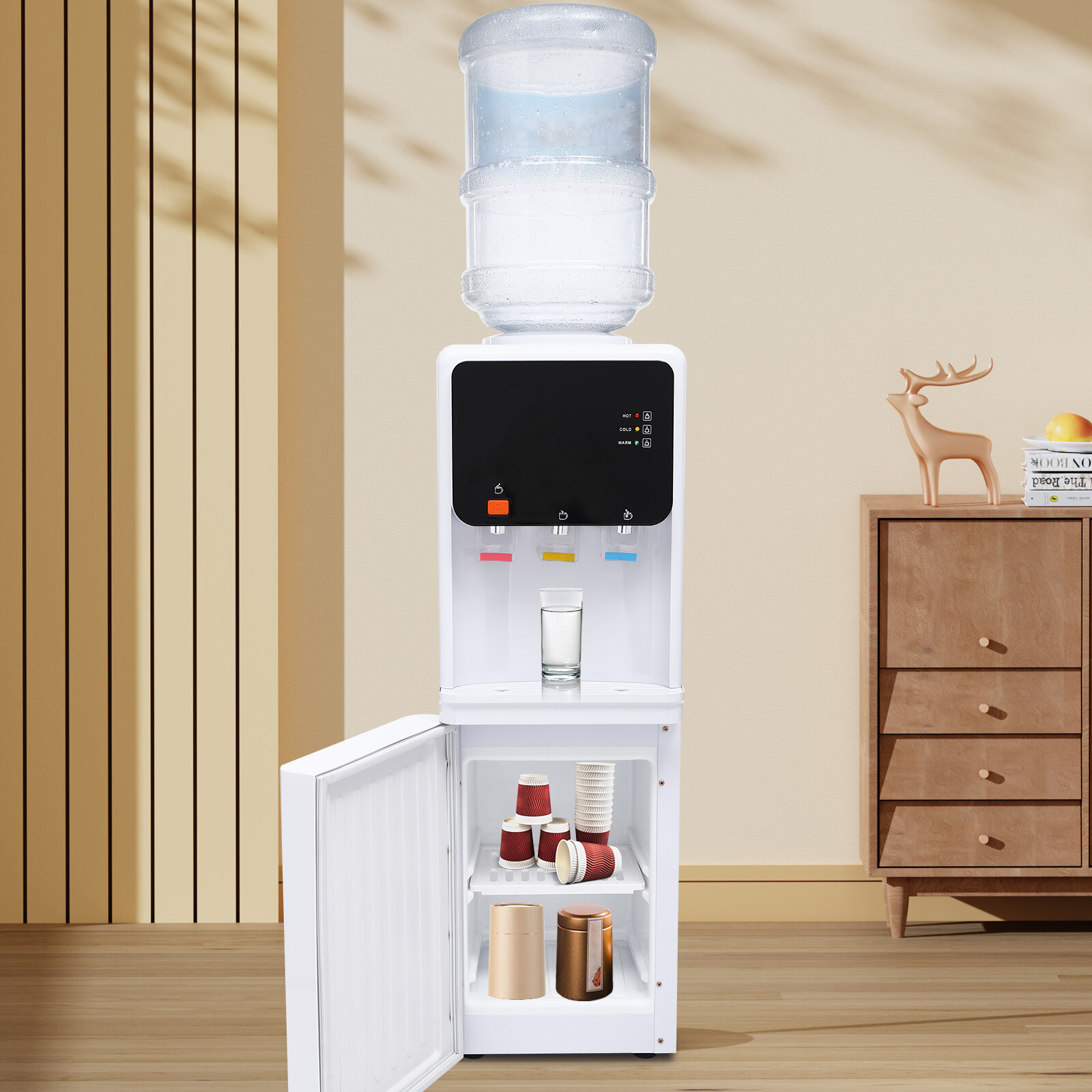 4.16 Gal Hot&Cold Water Cooler Dispenser Freestand Stainless Steel Top Loading w/Storage Cabinet 110V 575W 11.81*12.2*37.4inch Used in Libraries, Offices, Restaurants