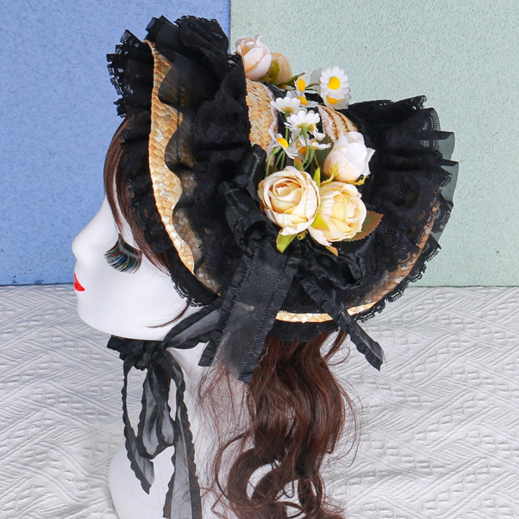 T-HOTLYST Victorian Lace Designs Straw Bonnet Hat For Women With Ruffled Trim and Rose Flower For Cocktail Party And Cosplay Event