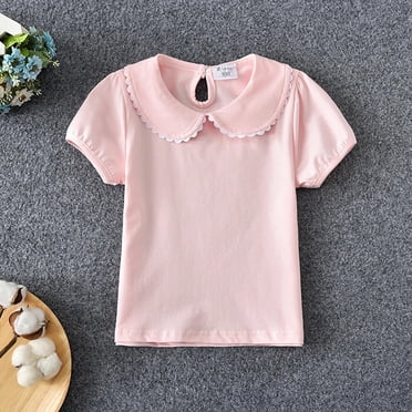 TIREOW Kids Baby Girl Puff Sleeve Ruffle Doll Collar Shirt Toddler White Blouse Puff Short Sleeve T-Shirt Basic Solid Color Basic Top Bottom Blouse Tee