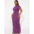 thumbnail image 3 of Plus Size Women's Solid Color Round Neck Short Sleeve Fitted Elegant Maxi Dress, 3 of 10
