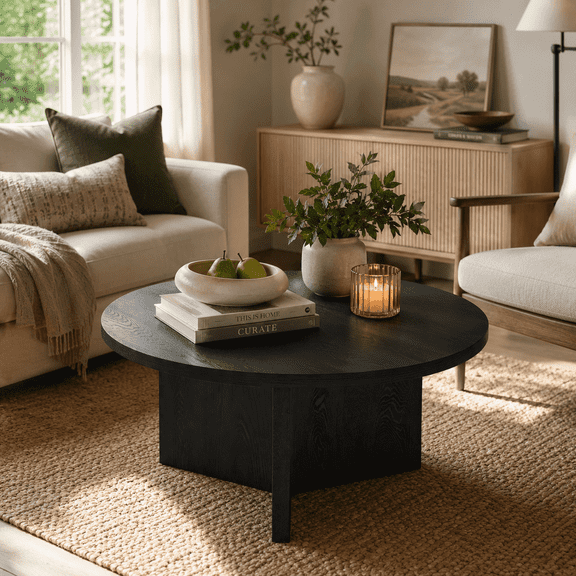 Round Low-Profile Coffee Table, Mid Century Modern Black Coffee Table with Thicken Table Top, Small Coffee Table for Living Room , Family Room, or Office, Accent Table for Apartment