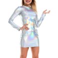 thumbnail image 3 of One opening Women Juniors Leather Bodycon Mini Dress Shiny Metallic Long Sleeve Round Neck Club Dress, 3 of 6