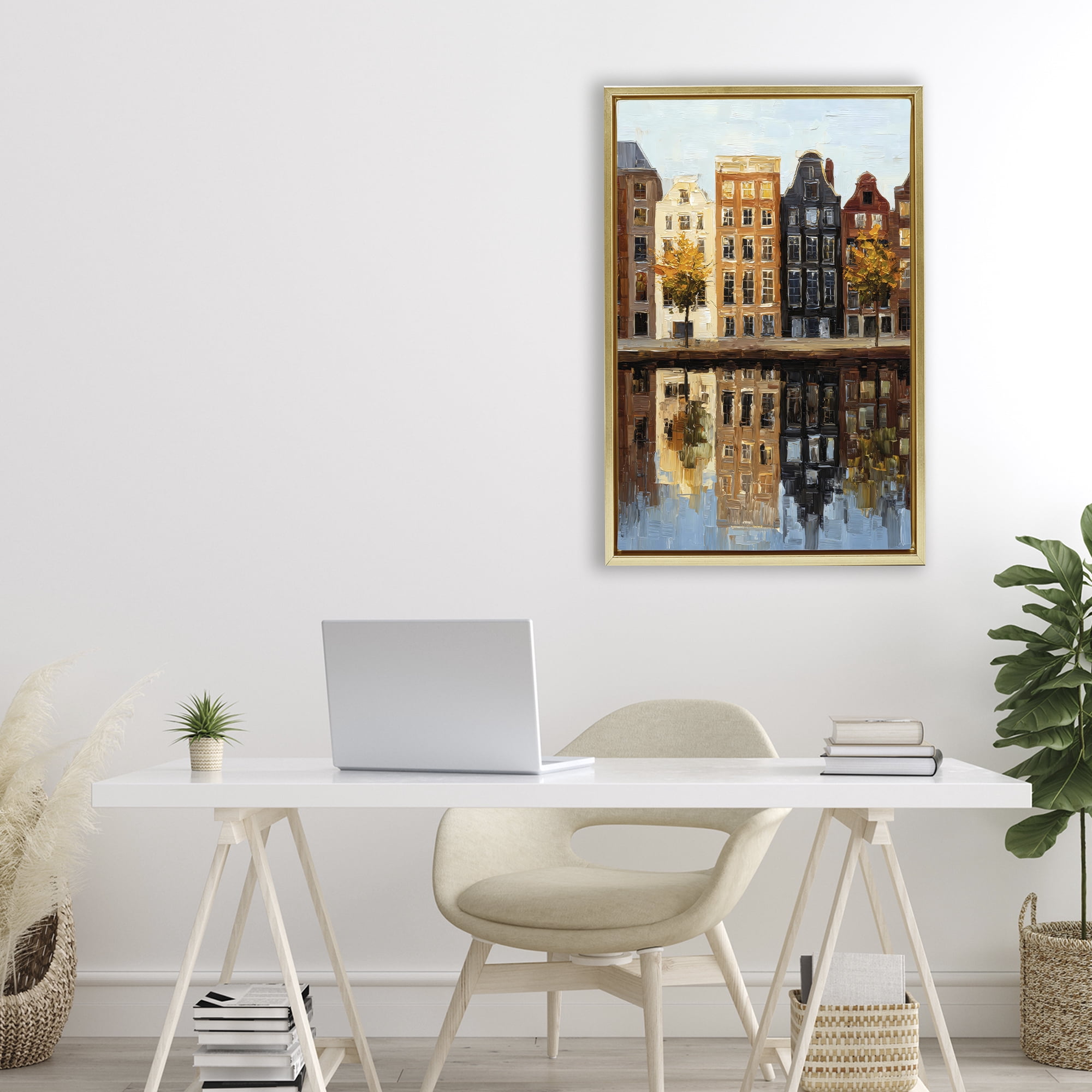 Stupell Industries City Reflection over Canal Gold Framed Floater Canvas Wall Art, design by Petal Prints Design