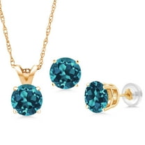 Gem Stone King 2.25 Ct Round London Blue Topaz 14K Yellow Gold Pendant and Earrings Jewelry Set With Chain