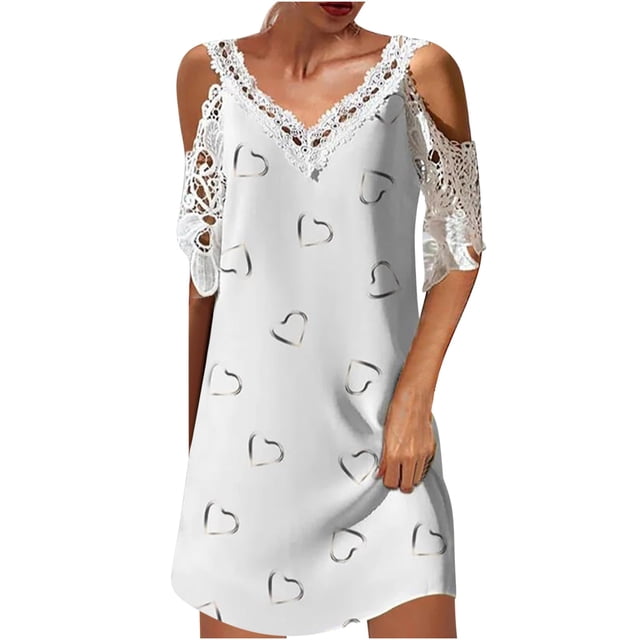Cameland Robe Femme Mode Aguichant à Col en V à Manches Courtes Ajourée Imprimée à Épaules Dénudées