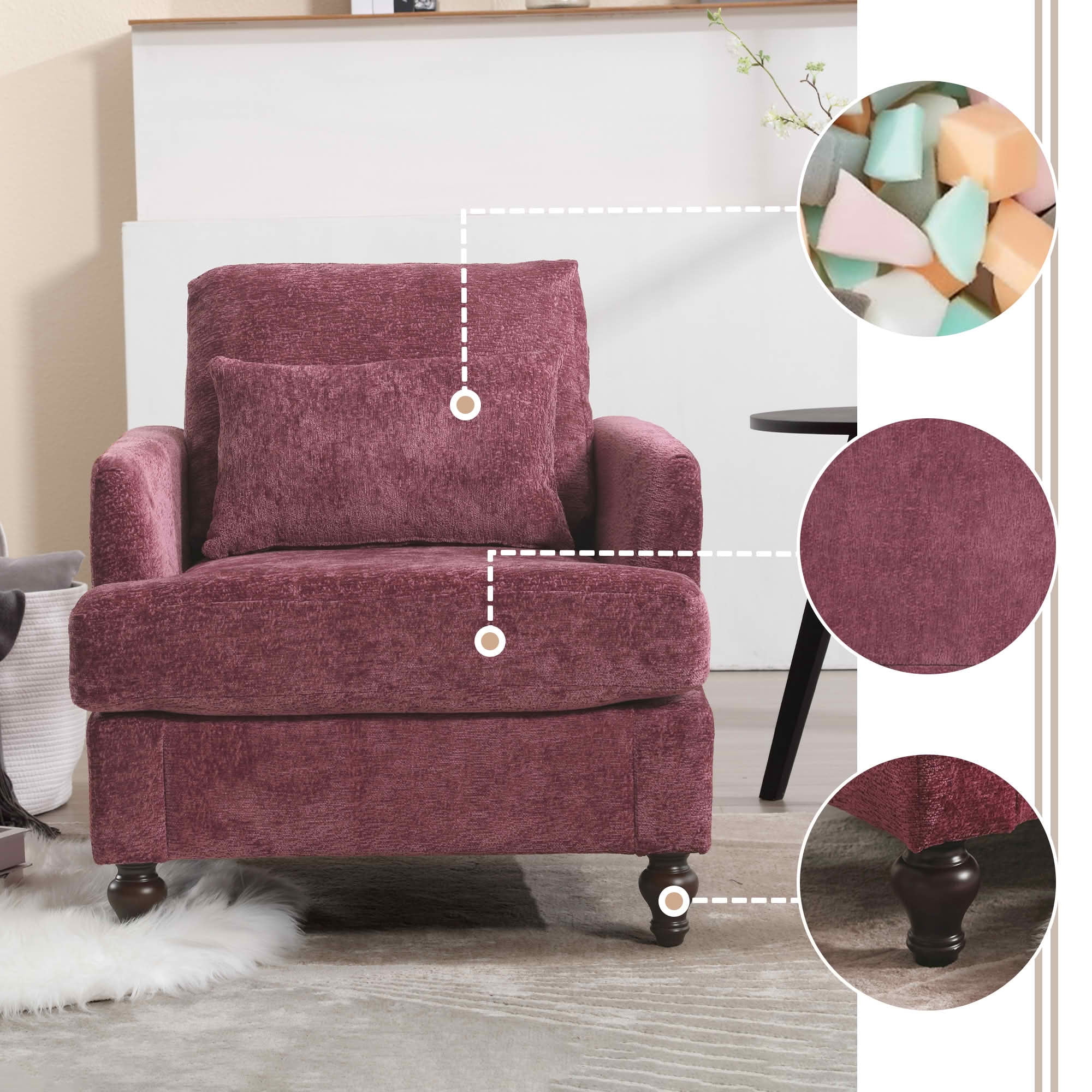 MAYEERTY 29.53-Inch Mid Century Chenille Tufted Studded Accent Armchair, Solid Wood Frame Upholstered Club Lounge Chair for Living Room Bedroom Reading Office