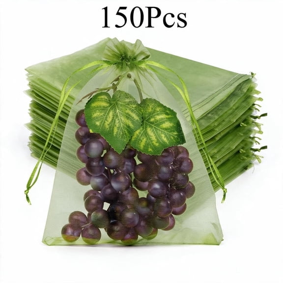 150 Pcs Reusable Drawstring Fruit Protection Bags, Green Pest Barrier Netting for Tomatoes Blueberries Small Vegetables,6"x9"