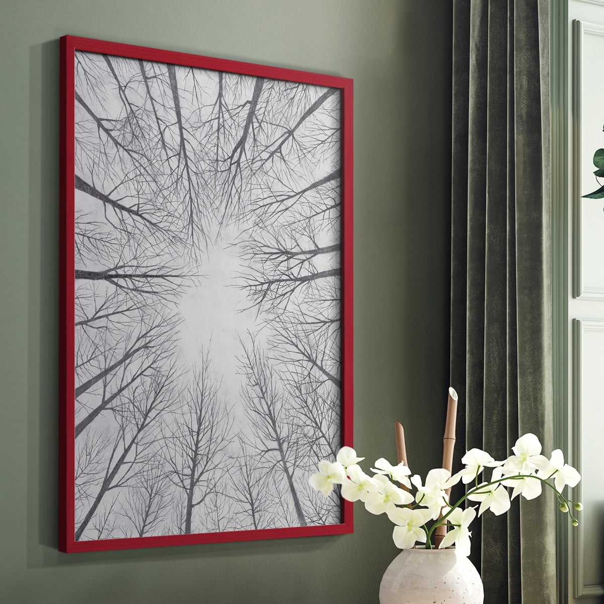 Deciduous Canopy II Framed Print in Red Solid Wood Framed Print No Nail Hanging