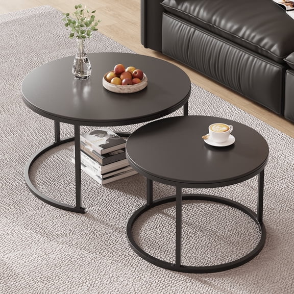 SSTBLEV Modern Nesting and Storage Sintered Stone and Wrought Iron Coffee Table, Black