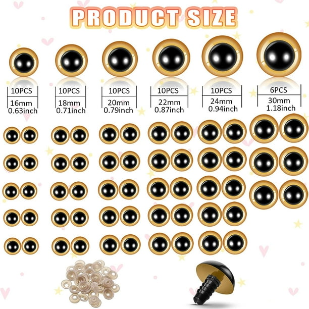 16mm - 24mm Safety Eyes, 30PCS Black Plastic Large Doll Eyes for Amigurumi,  DIY
