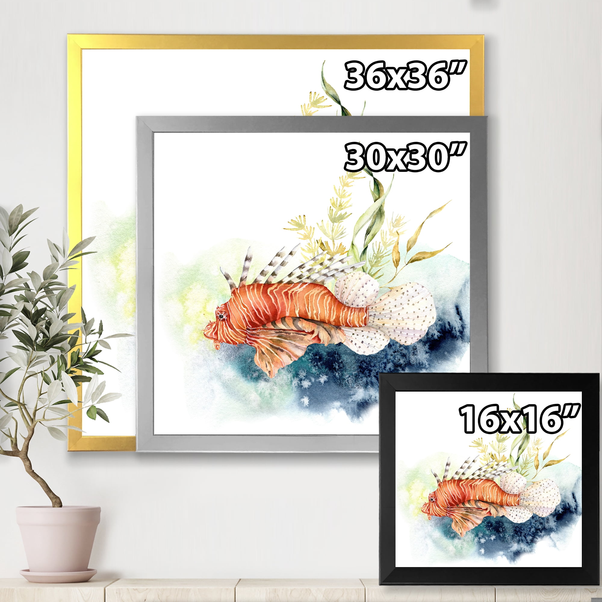 Designart 'Kelp and Lionfish With Coral Reef and Laminaria' Nautical & Coastal Framed Art Print