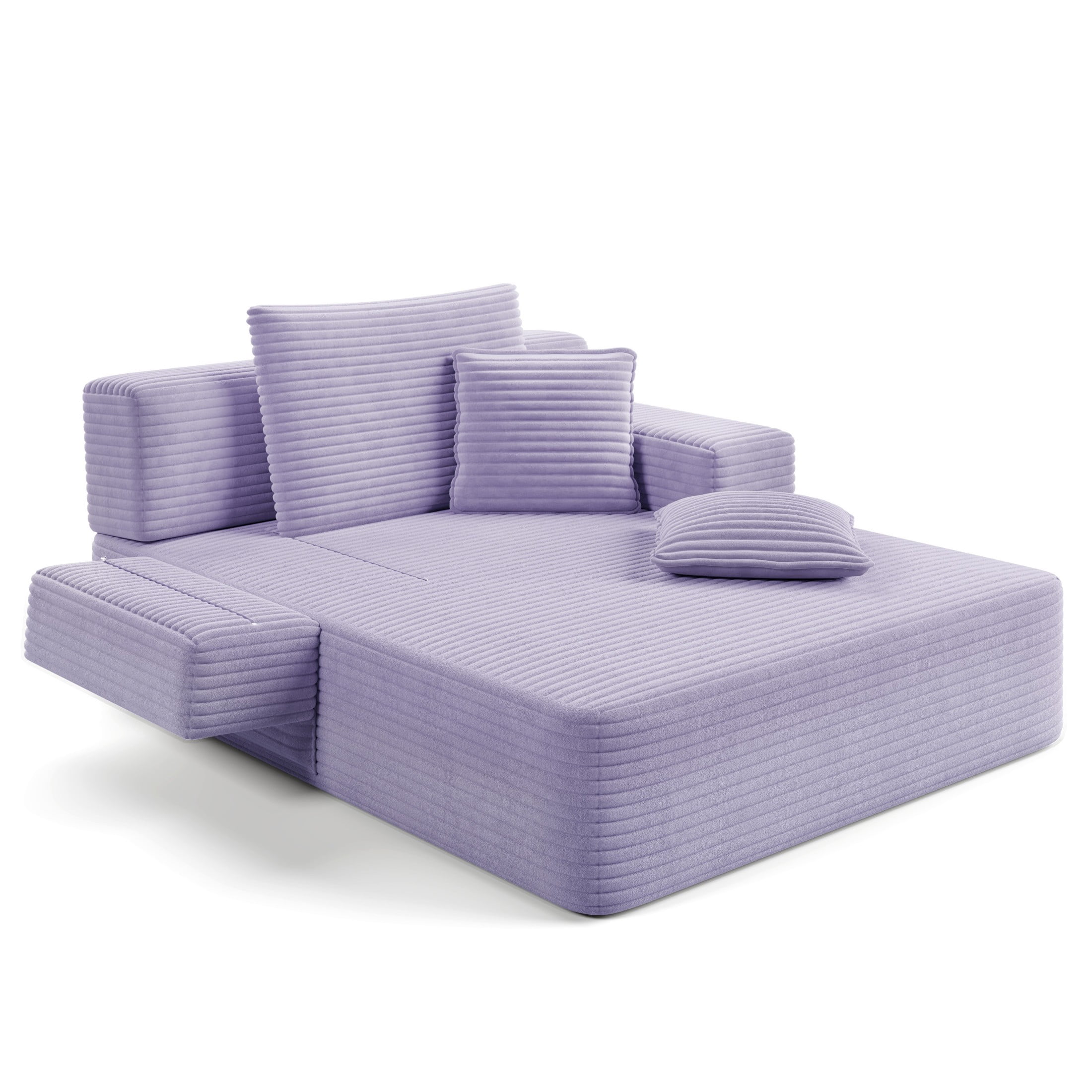 Aukfa Oversized Corduroy Chaise Lounge Chair, Convertible Boneless Sleeper Sofa Bed with 3 Pillows&Storage Pockets, Purple