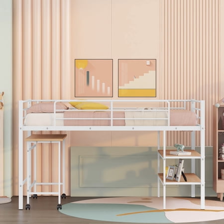 Multifunctional Metal Twin Low Loft Bed with Desk and Storage Shelves  Bed Frame with Ladder and Safety Guard Rails for Kids Teens Adults  No Box Spring Needed  Space-Saving  Noise(White)