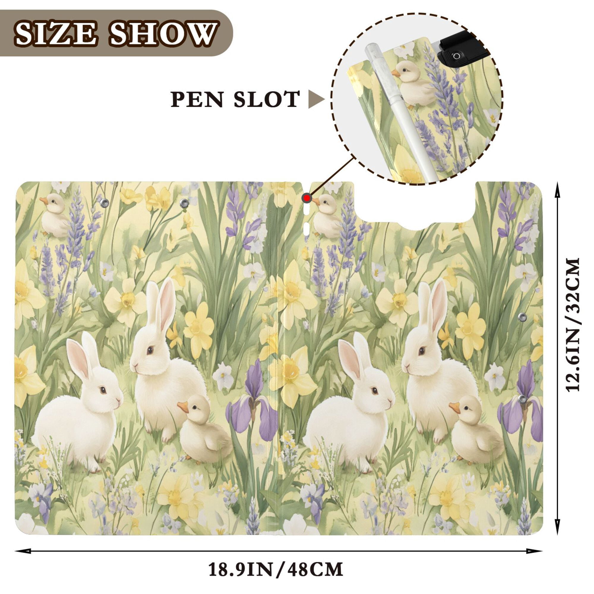 FORMRS A4 Clipboard Folder with Pen Holder Horizontal Foldable School Office Binder, Yellow Floral Rabbit