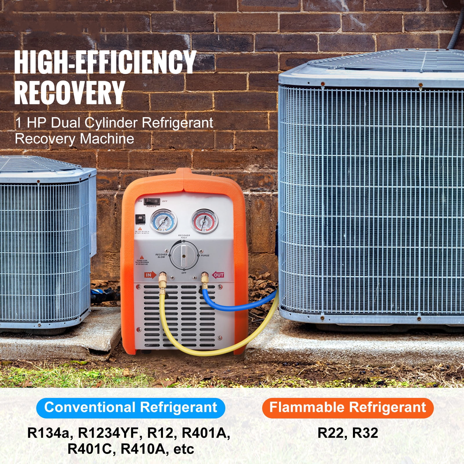 VEVOR Portable 1 HP Refrigerant Recovery Machine AC 120V 60Hz for Vapor Liquid Refrigerant with Self-cleaning Overcurrent Protection